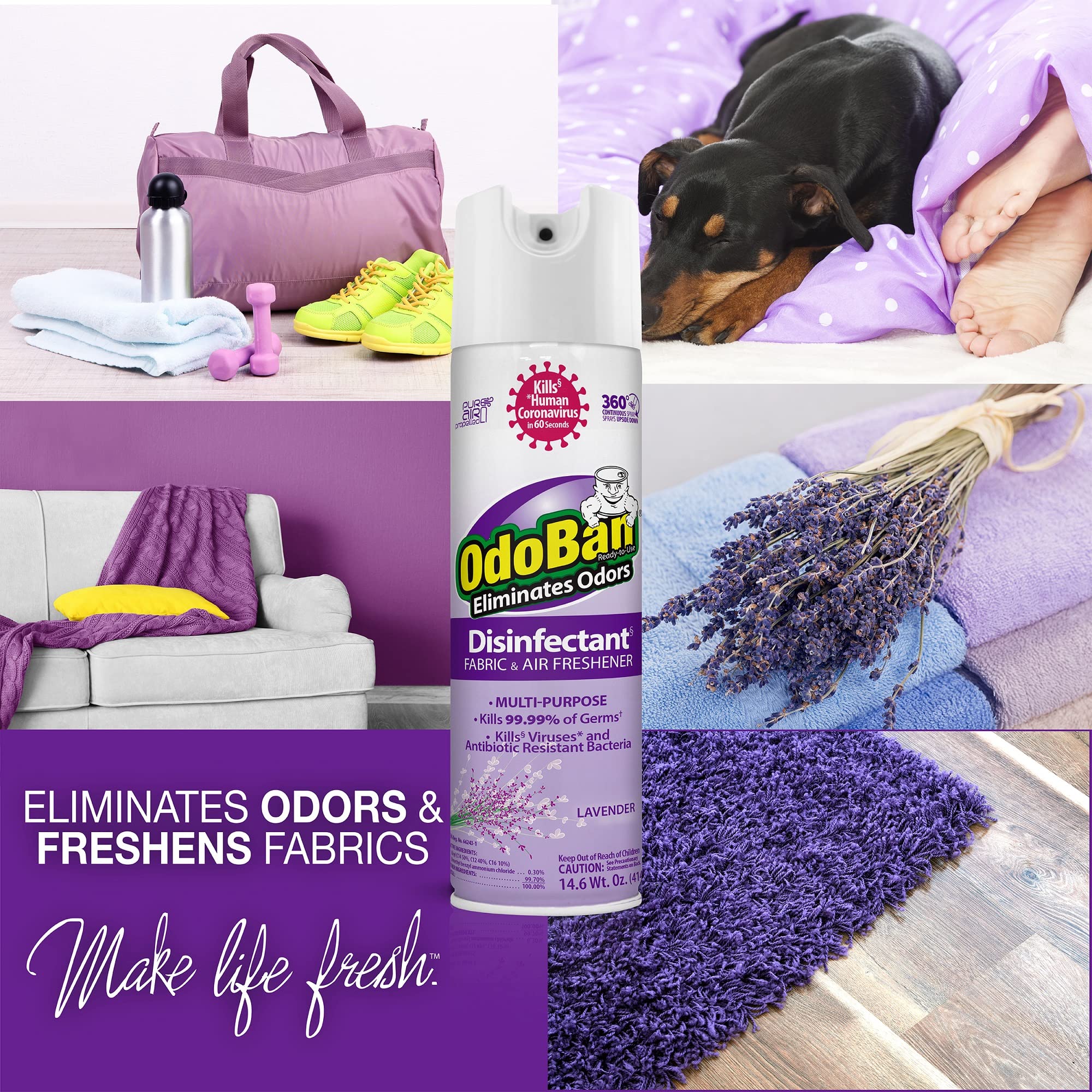 OdoBan Ready-to-Use Disinfectant and Harsh Aroma Eliminator, Cleaner and Fabric/Air Freshener, Set of 2, 14.6 Ounce 360-Degree Continuous Spray and 32
