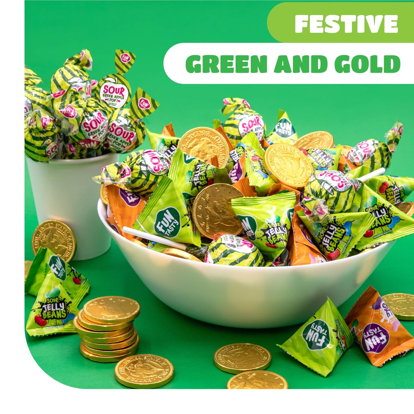 St. Patrick's Day Candy Assortment - 3 Pound Bulk Pack - Sour Lollipops, Milk Chocolate Coins & Mini Pouches of Jelly Beans for Gifting, Sharing