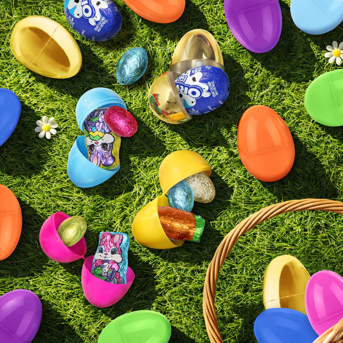 Easter Candy with Fillable Plastic Eggs Bundle - Pack Of 24 Plastic Eggs With Assorted Chocolate Candy for Filling - Holiday Party Treats & Easter