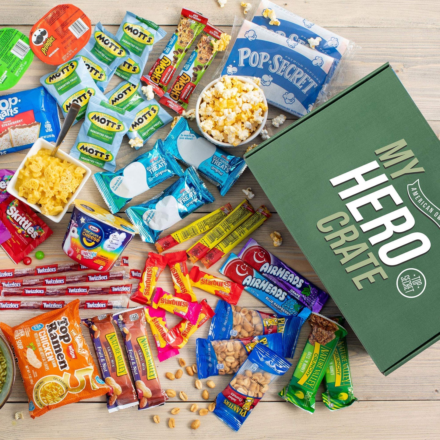 My Hero Crate Microwave Military Care Package - 50 Pcs Variety Gift Basket - Snack Variety Box Pack with Ramen, Candy, Pop Tarts, Nuts, Skittles