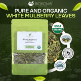 Biokoma Organic White Mulberry Leaf Tea Loose Dried Leaves 1.76oz - Morus Alba Herbal Tea - USDA Organic - Resealable Moisture Proof Pouch - No