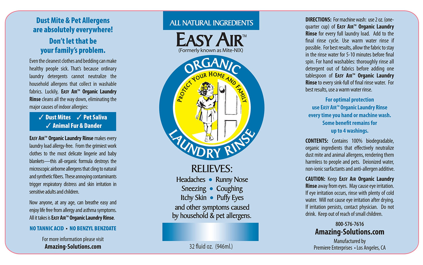 Easy Air Organic Allergy Relief Laundry Rinse, Hypoallergenic & Fragrance Free, Eliminate Odors. Asthma & Allergy Safe for Babies & Pets - 32 Fl Oz