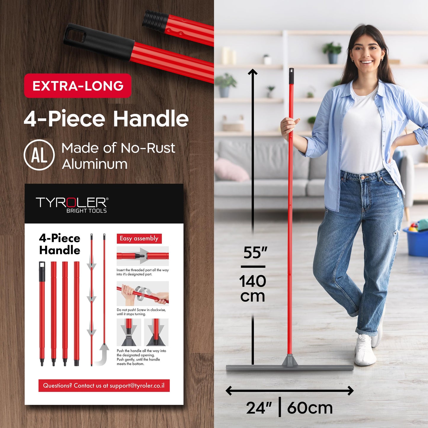 Tyroler Floor Squeegee for Concrete Floors, 24" Heavy Duty Squeegee for Floor, Squeegees Broom for Floors with 55" 4 Part Handle Perfect for Tiles