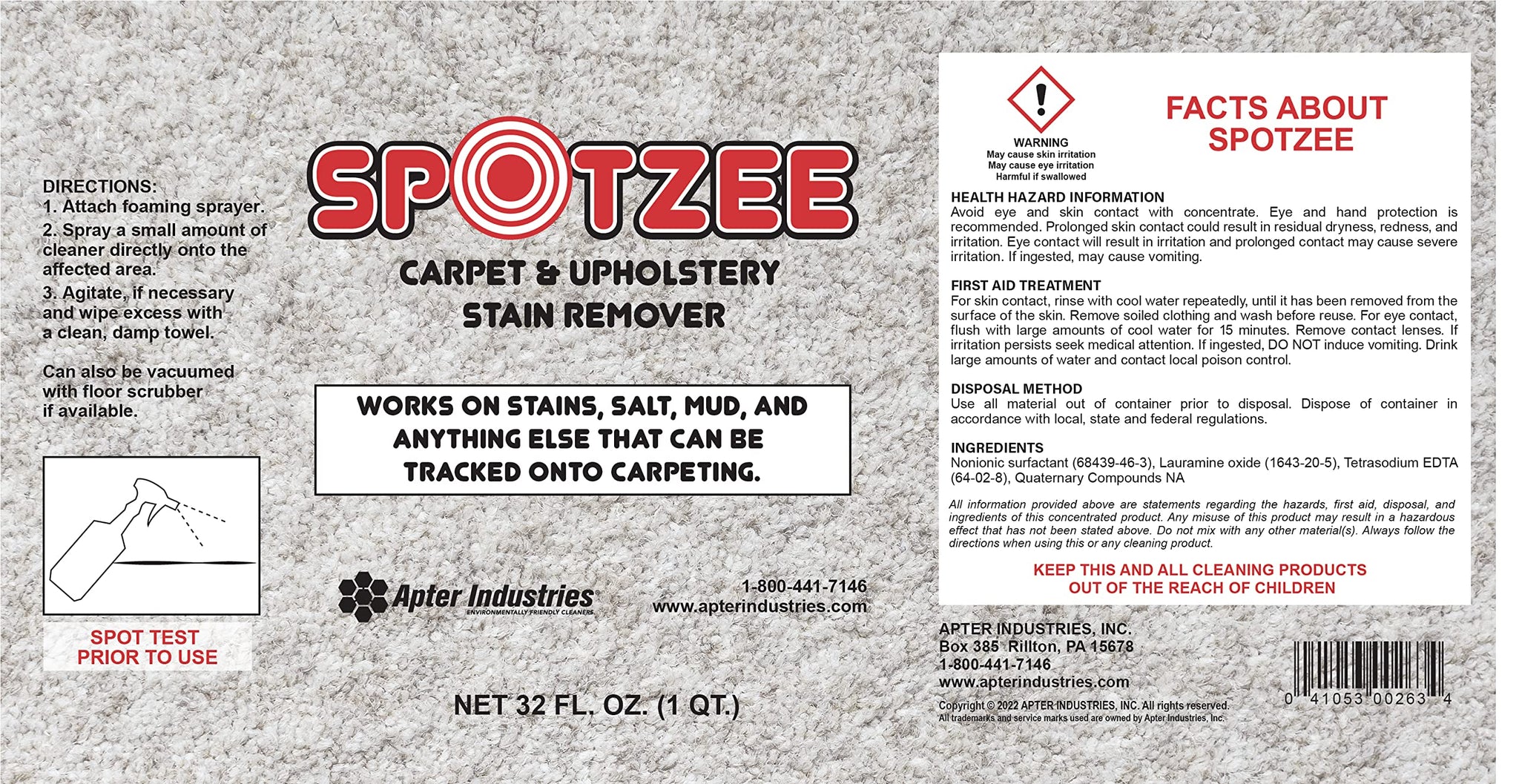 Apter Industries Spotzee Carpet Cleaner - Remove Anything Tracked Onto Carpet, spot cleaner, 32oz. (Pack of 6)