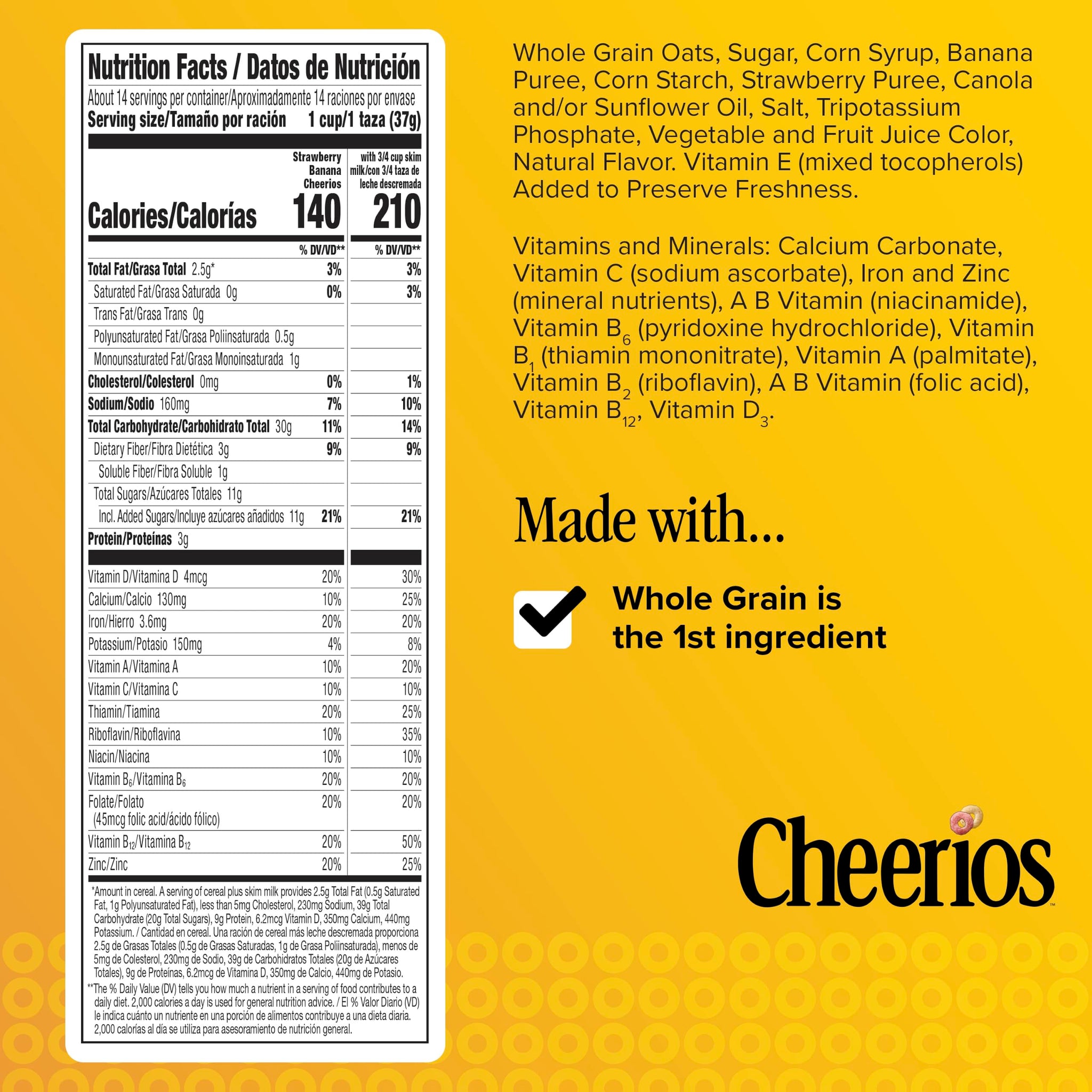 Strawberry Banana Cheerios, Heart Healthy Gluten Free Breakfast Cereal, Made with Whole Grain Oats, Family Size, 19 oz