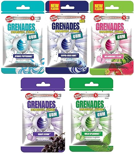 Grenades GUM Explosively Strong Sugar-Free Gum - Intense Minty Blast That'll Blow You Away - Nose Blasting Power & Breath Freshener - Fruit & Mint