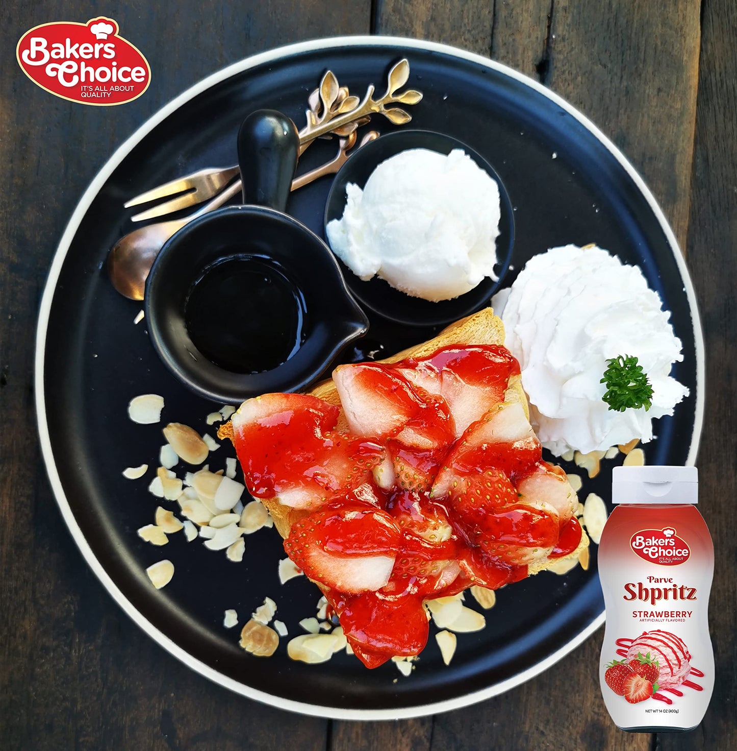 Strawberry Syrup - Ice Cream Toppings Spritz - 14 Ounce - Strawberry Sauce Squeeze Bottle Decorative Pancake - Kosher - by Bakers Choice
