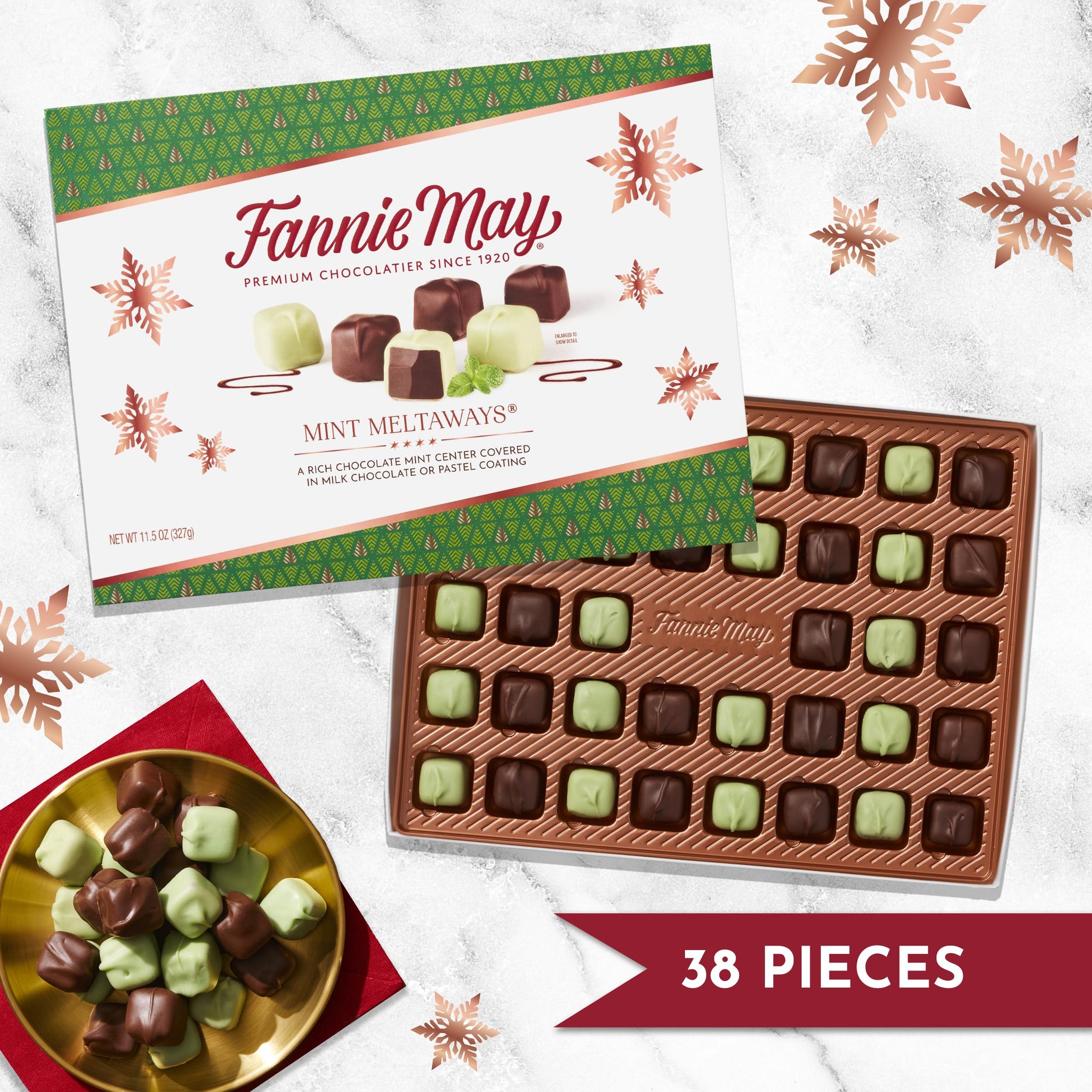 Fannie May Mint Meltaway, Mint Chocolate Candy with Milk Chocolate Pastel Coating, Holiday Chocolate Gift Box, 11.5 oz