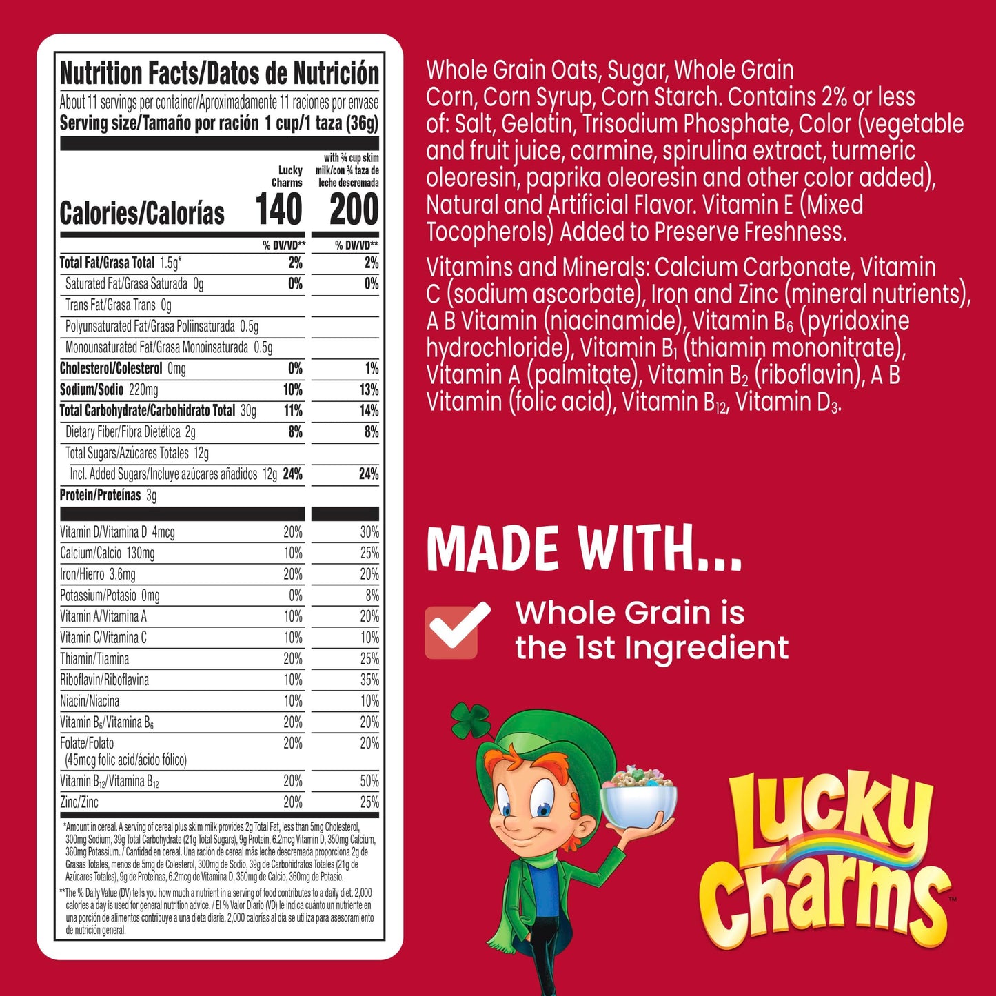 Lucky Charms Gluten Free Cereal with Marshmallows, Kids Breakfast Cereal, Made with Whole Grain, Large Size, 14.9 oz