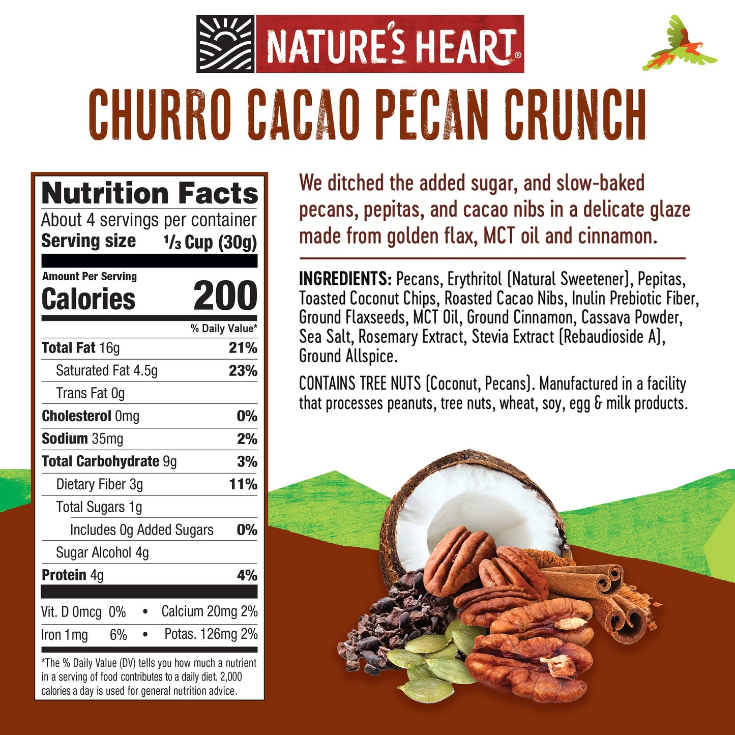 Nature’s Heart | Healthy Mixed Nuts Snack | Keto, Gluten Free, Vegan, Low Carb, Paleo | Ethically Sourced | Churro Cacao Pecan Crunch (Pack of 3)