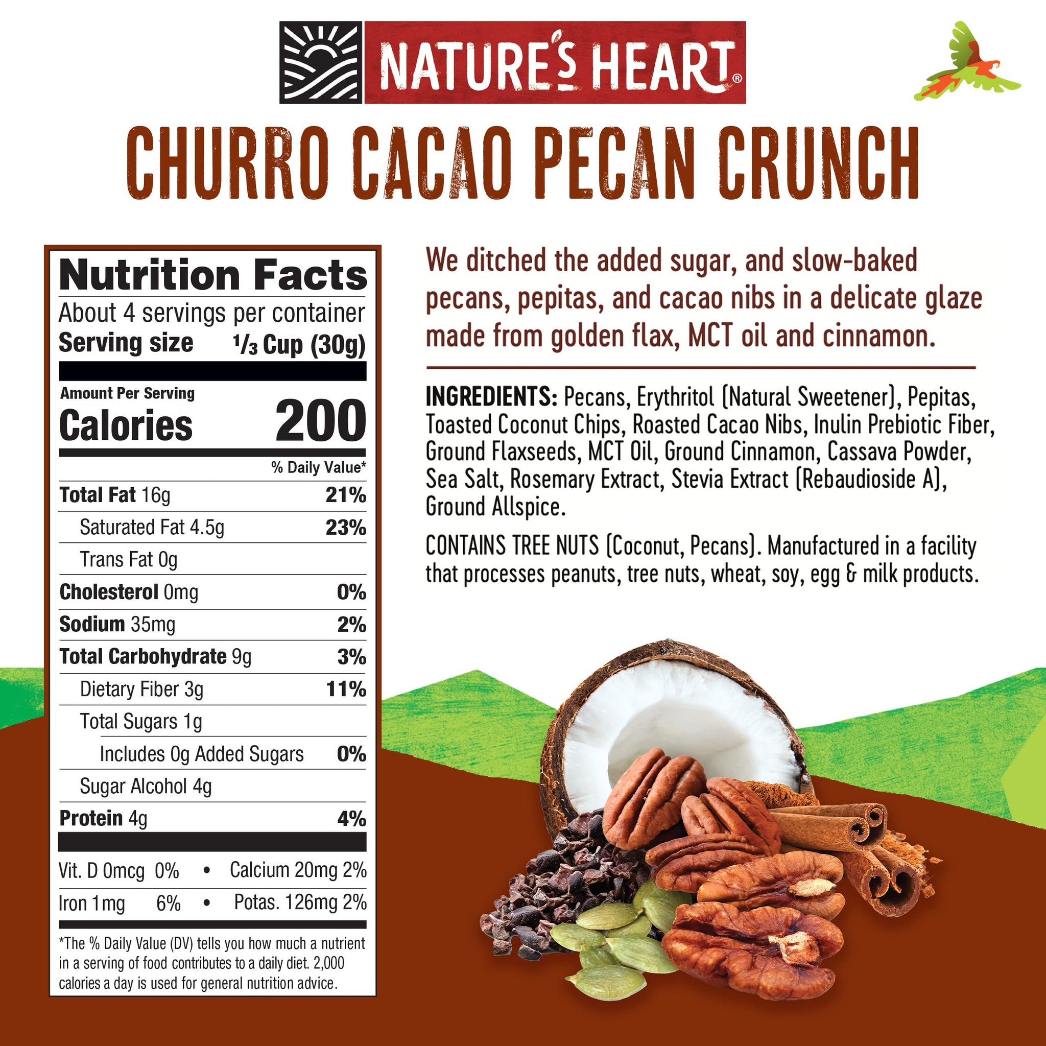 Nature’s Heart | Healthy Mixed Nuts Snack | Keto, Gluten Free, Vegan, Low Carb, Paleo | Ethically Sourced | Churro Cacao Pecan Crunch (Pack of 3)
