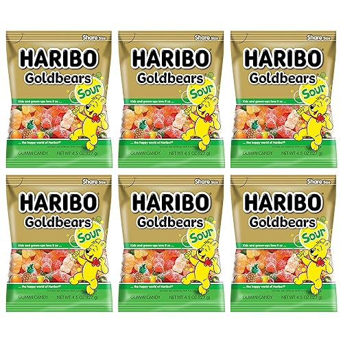 Haribo Sour Goldbears Pack of 6 (4.5oz Bags) Gummi Candy Peg Bag for Movie Nights, Halloween, Easter, and More in a King of Sweets Bulk Bag