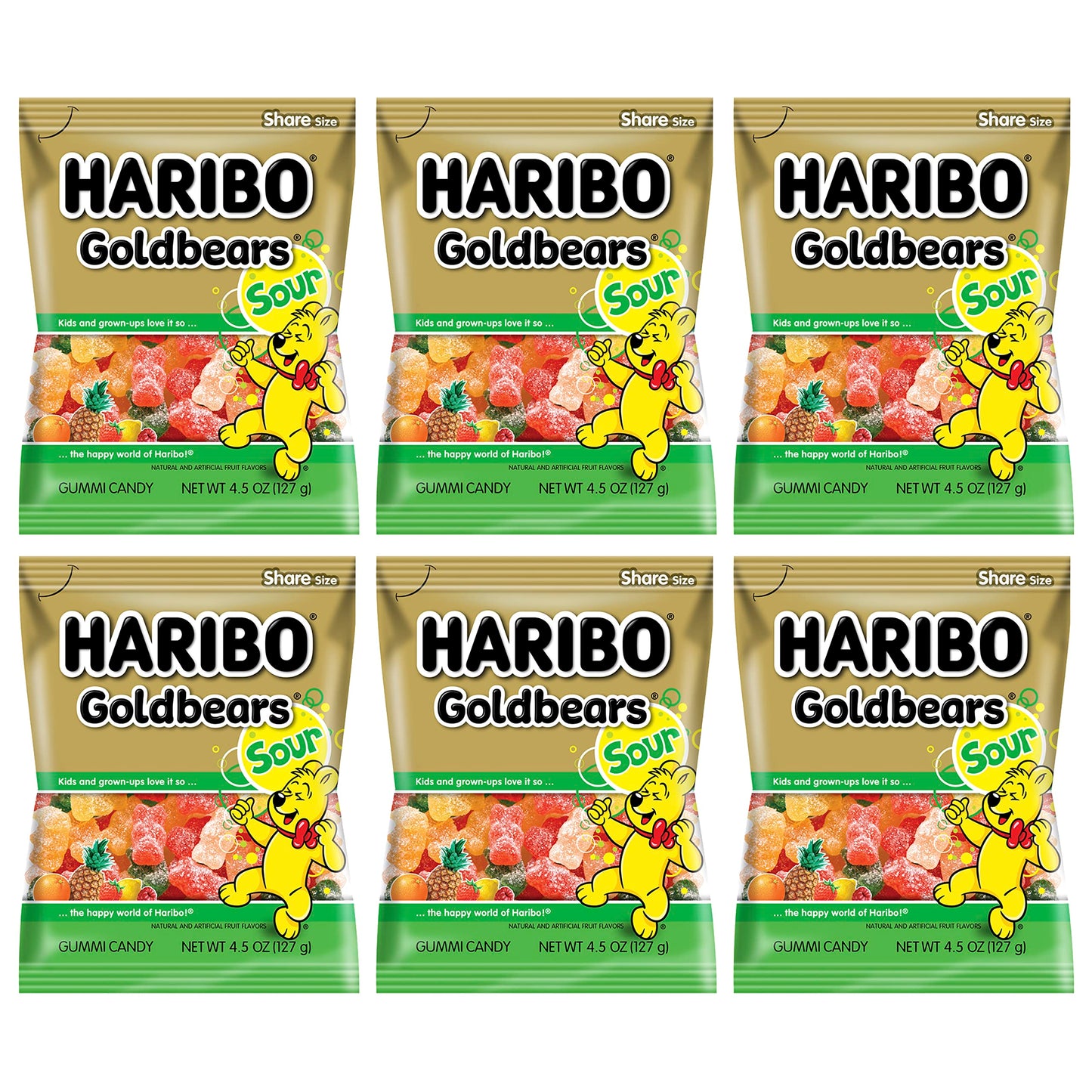 Haribo Sour Goldbears Pack of 6 (4.5oz Bags) Gummi Candy Peg Bag for Movie Nights, Halloween, Easter, and More in a King of Sweets Bulk Bag