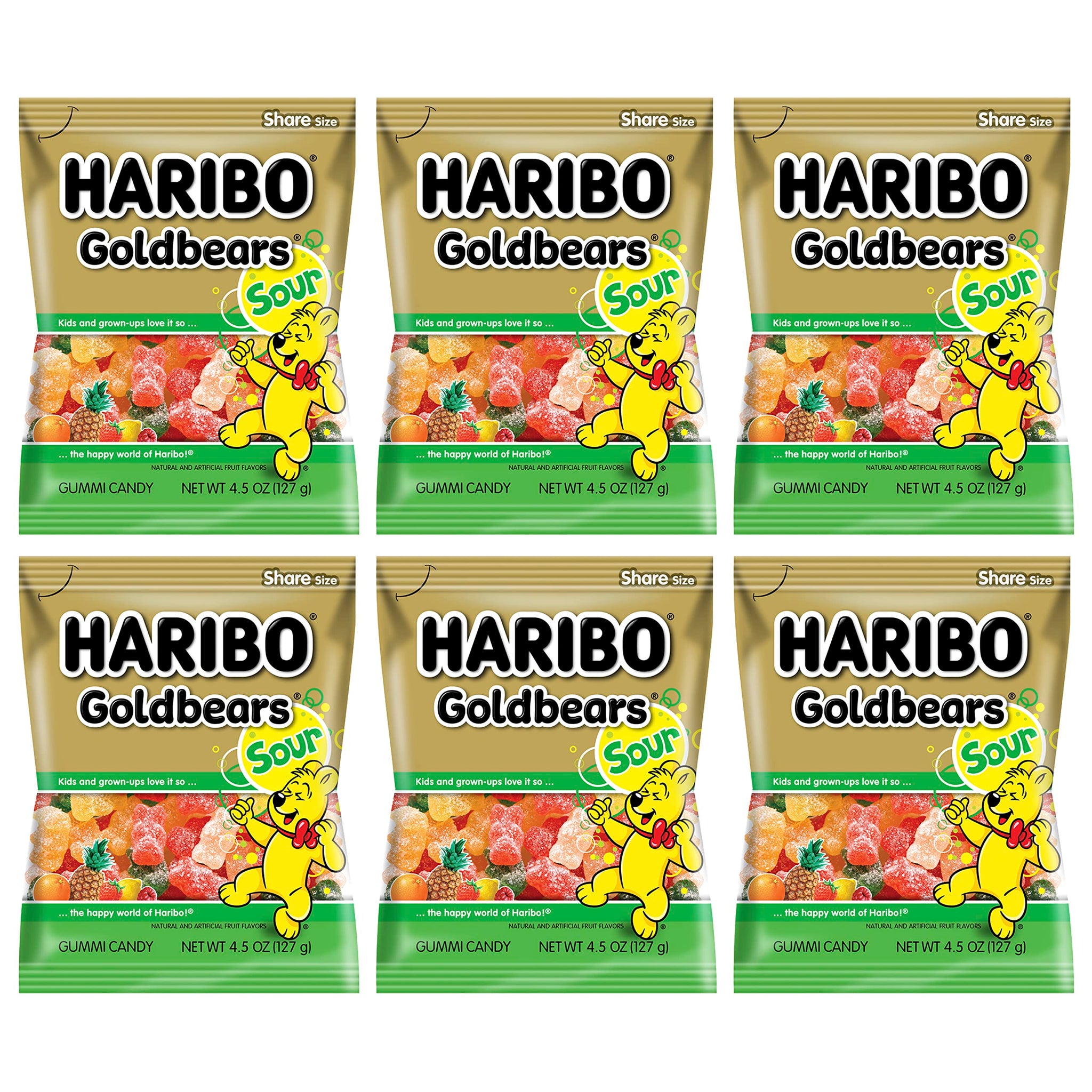 Haribo Sour Goldbears Pack of 6 (4.5oz Bags) Gummi Candy Peg Bag for Movie Nights, Halloween, Easter, and More in a King of Sweets Bulk Bag