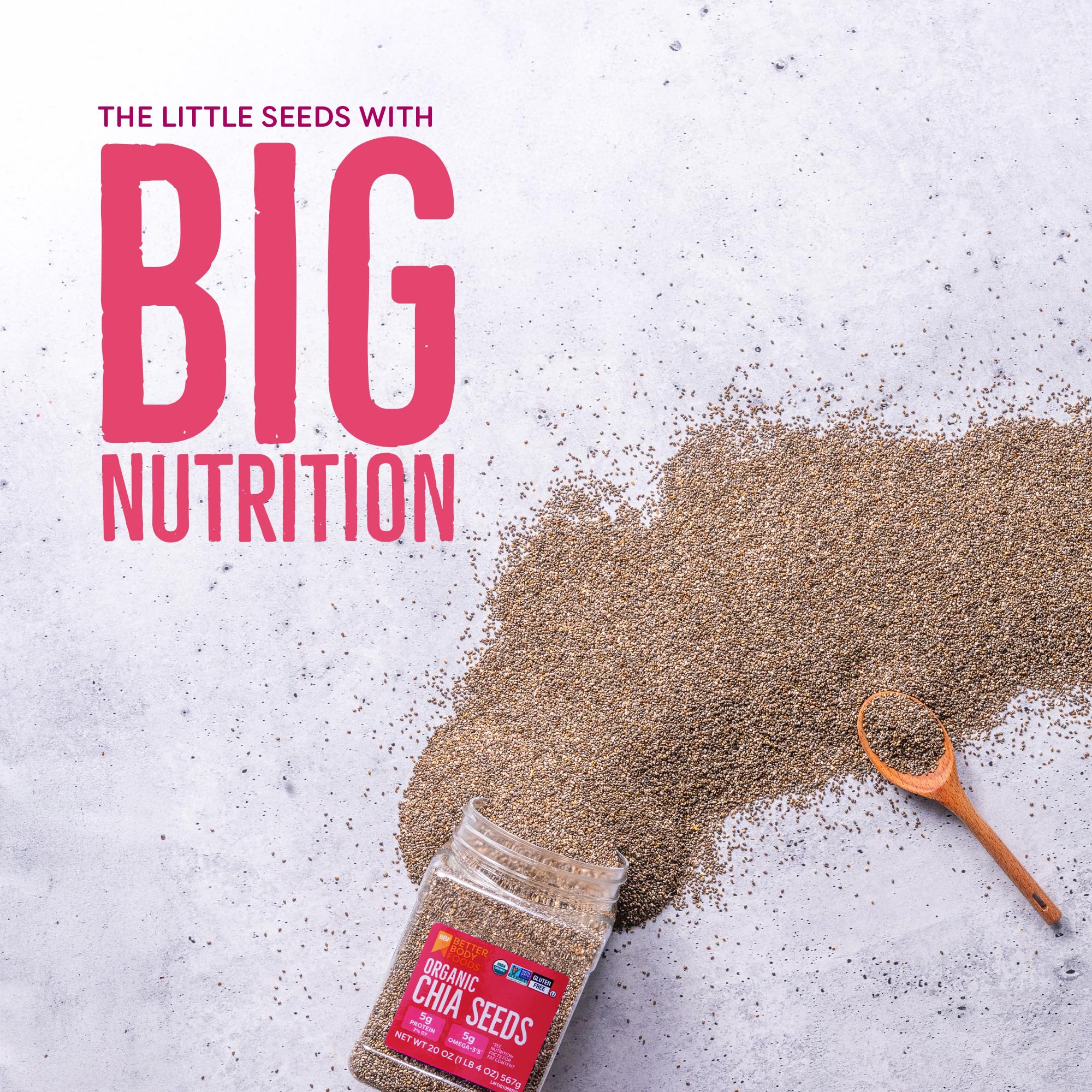 BetterBody Foods Organic Chia Seeds with Omega-3, Non-GMO, Gluten Free, Keto Diet Friendly, Vegan, Good Source of Fiber, Add to Smoothies, 1.25lb