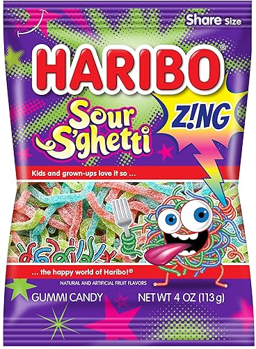 Haribo Gummi Candy, Z!ING Sour S'Ghetti, 4 oz. Bag (Pack of 12)