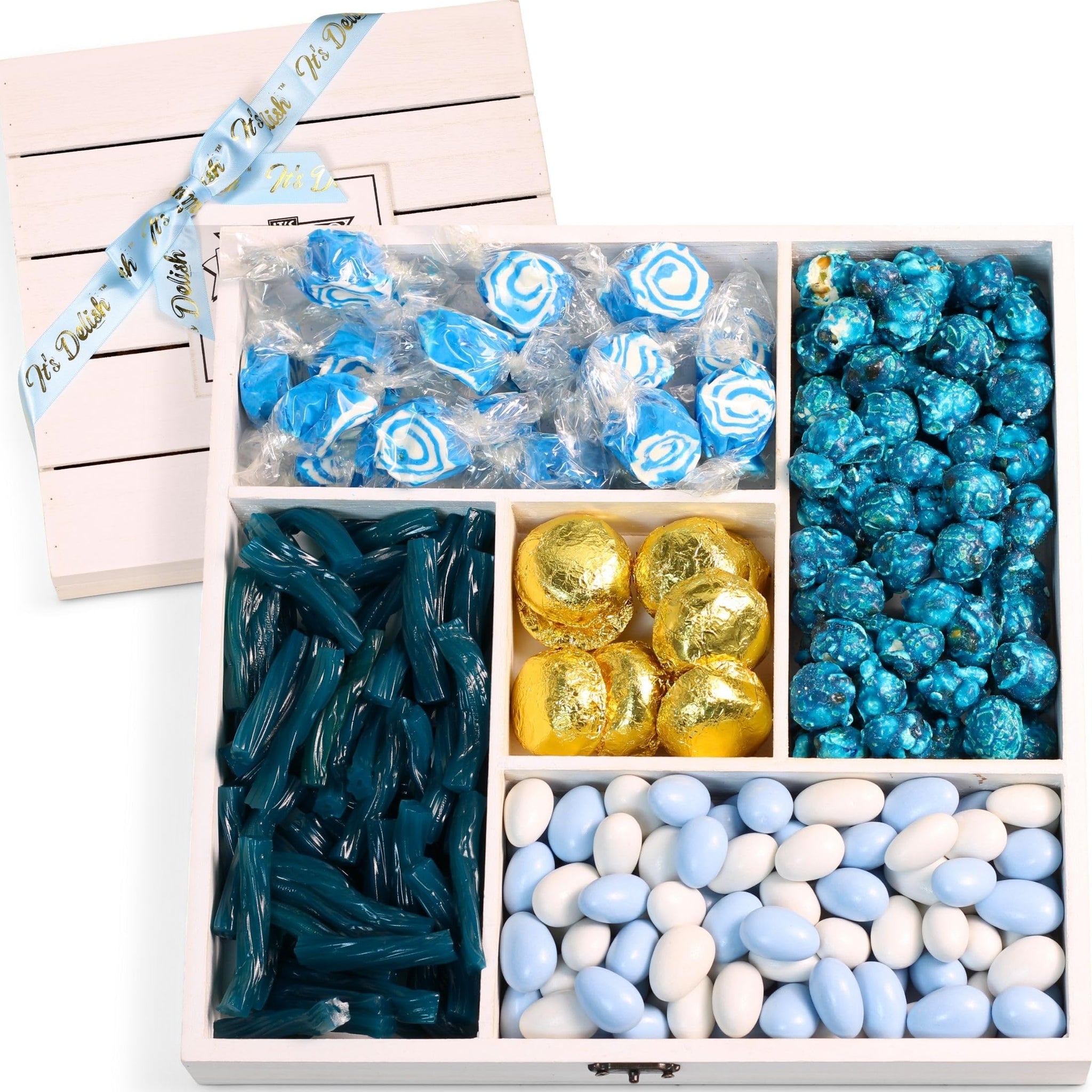 Gourmet Blue Candy Gift Tray - by It's Delish | Wood Gift Basket, in Reusable Wooden Crate with Lid | Gift Box of Holiday Treats and Candies for Baby