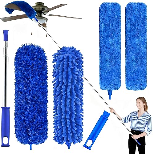Professional Microfiber Feather Dusters for Cleaning, 6PCS Extendable Bendable Dusters with 100" Telescopic Pole, Washable & Reusable Cleaning Kit