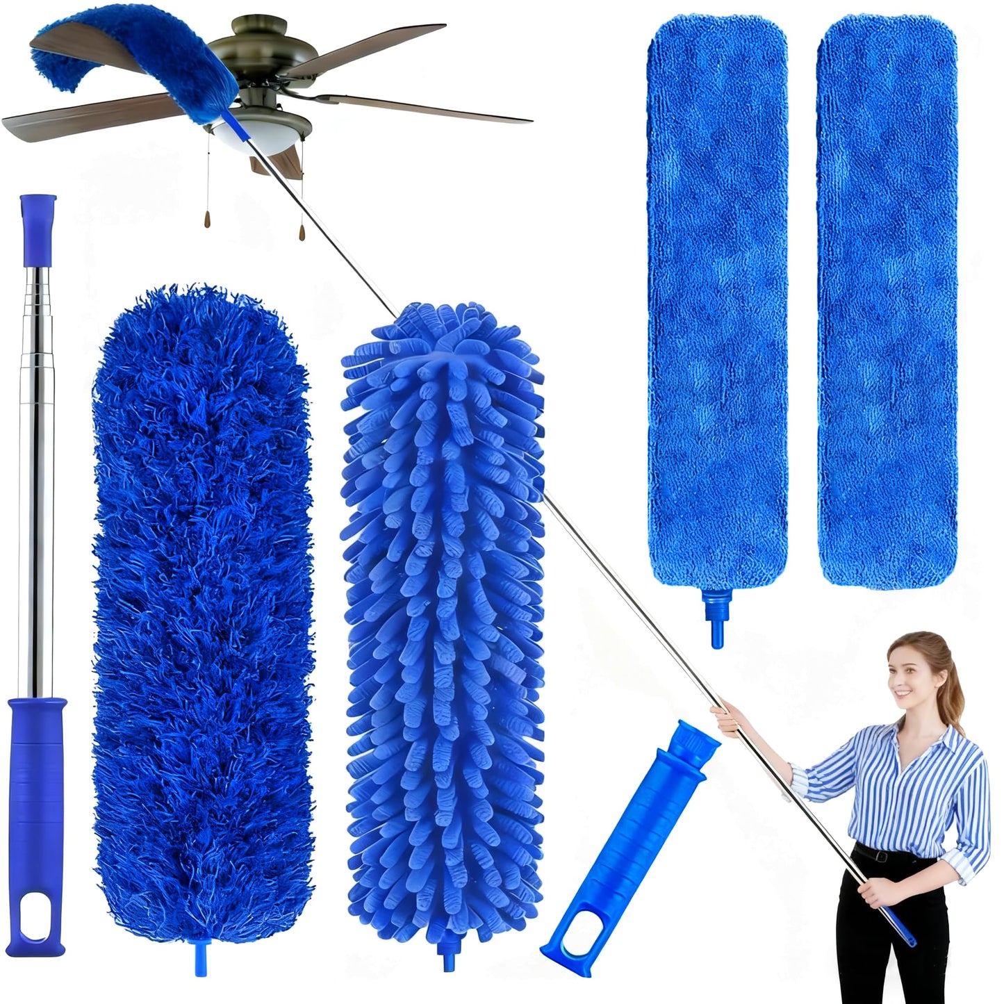 Professional Microfiber Feather Dusters for Cleaning, 6PCS Extendable Bendable Dusters with 100" Telescopic Pole, Washable & Reusable Cleaning Kit