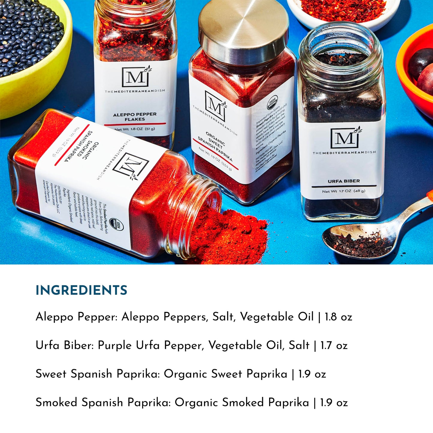 The Mediterranean Dish Pepper Spice Bundle - Aleppo Pepper, Sweet and Smoked Spanish Paprika, Urfa Biber - Mild to Medium Heat Chili Spices - Gourmet