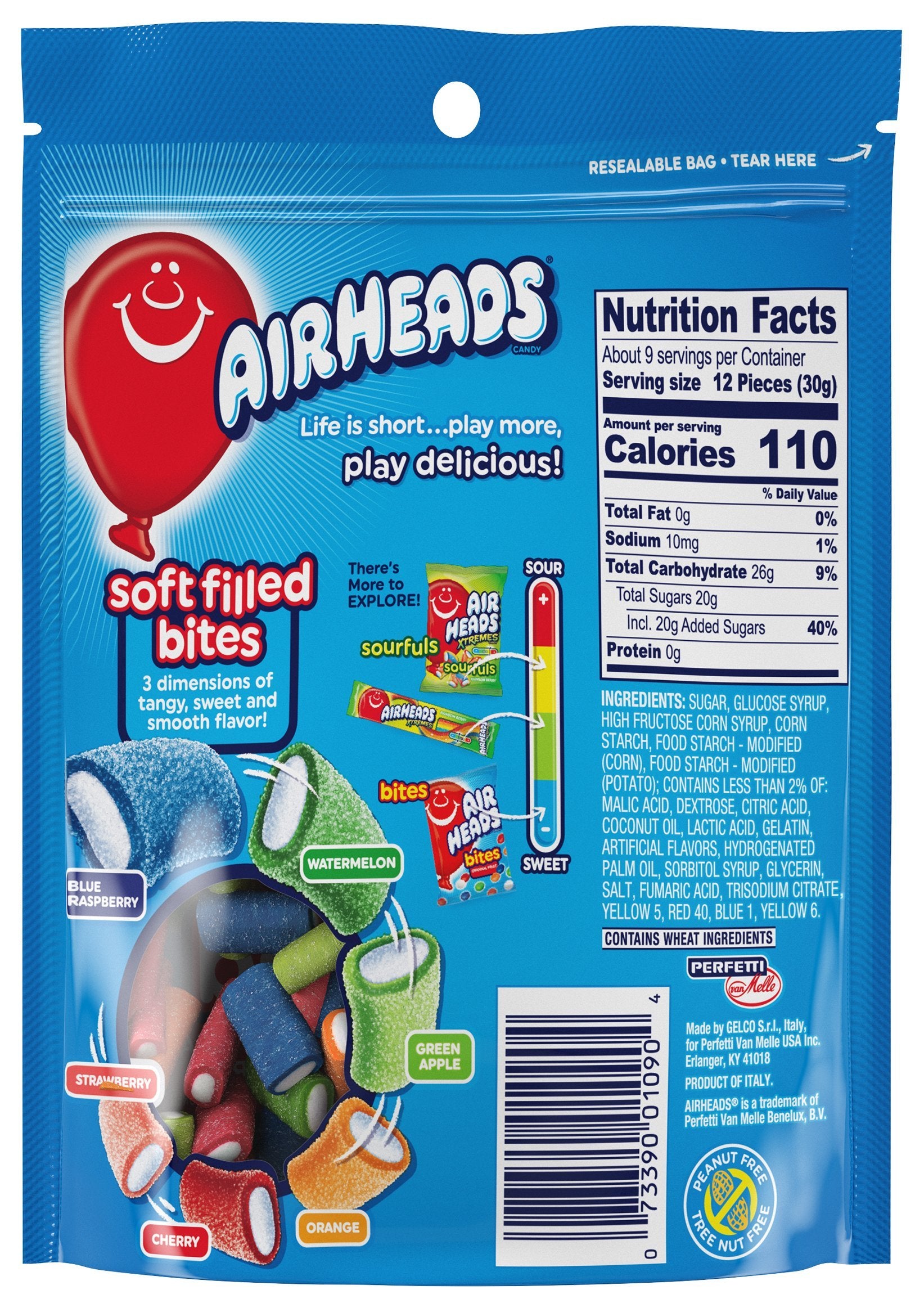 Airheads Candy, Soft Filled Bites, Assorted Fruit Flavors, Stand Up Bag, Party, Pantry, 9oz Bag, Box of 12 Bags