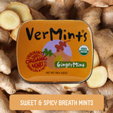 VerMints Organic Breath Mints GingerMint - Real Ginger Flavored Candies - Travel Size Tin - Non-GMO, Nut Free, Gluten Free, Vegan, Kosher & Organic