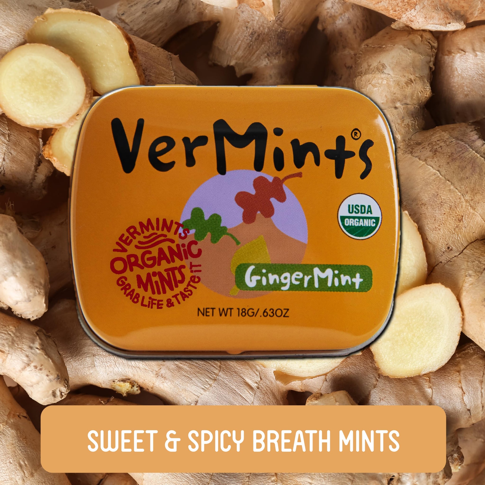 VerMints Organic Breath Mints GingerMint - Real Ginger Flavored Candies - Travel Size Tin - Non-GMO, Nut Free, Gluten Free, Vegan, Kosher & Organic