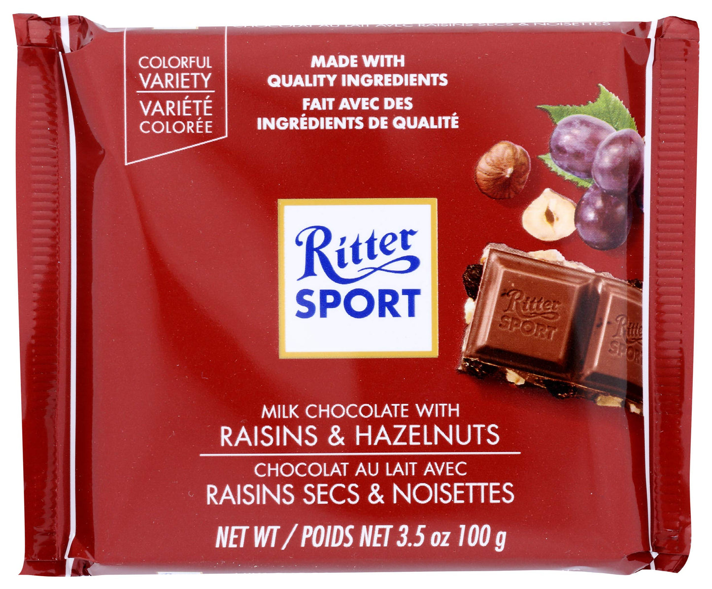 Ritter Sport, Raisin & Hazelnut Chocolate Bar, 3.5 oz