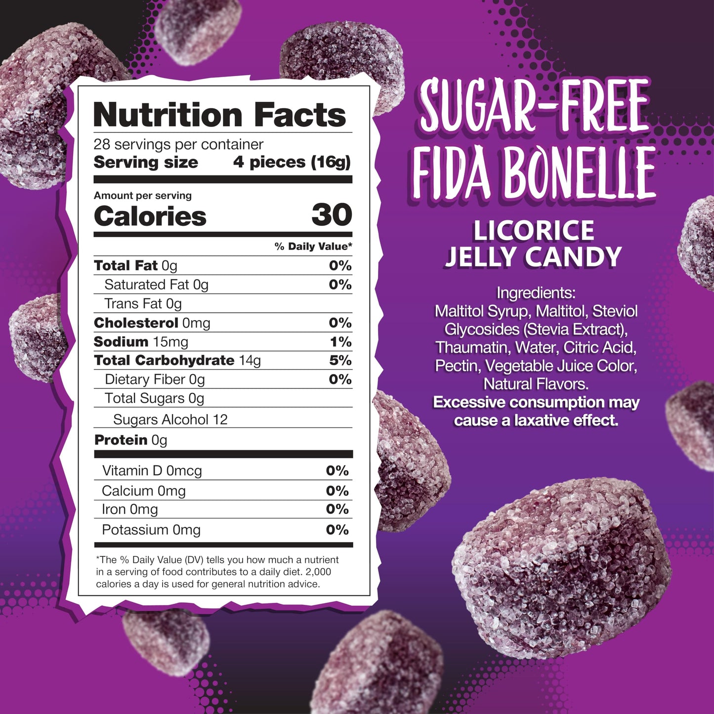 Fida Bonelle Sugar Free Candy | 1 Pound Bag | Black Licorice Jelly Candy Individually Wrapped | Naturally Flavored Dye Free Candies | Italian Gourmet