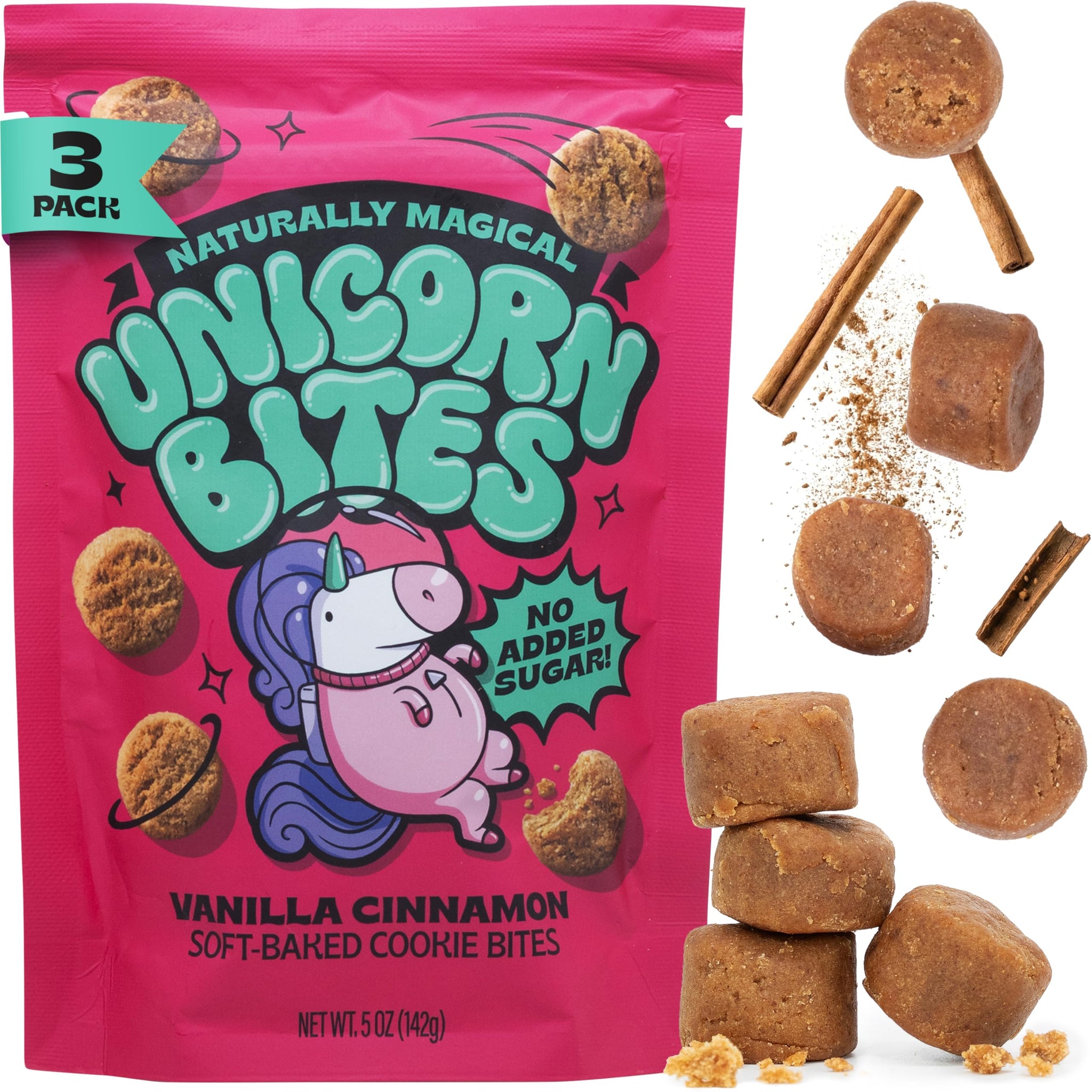 Unicorn Bites Mini Soft Baked Cookies (Vanilla Cinnamon 3-Pack) - Healthy Low Sugar Snacks for Kids, Naturally Sweetened with Dates - Moist, Dense