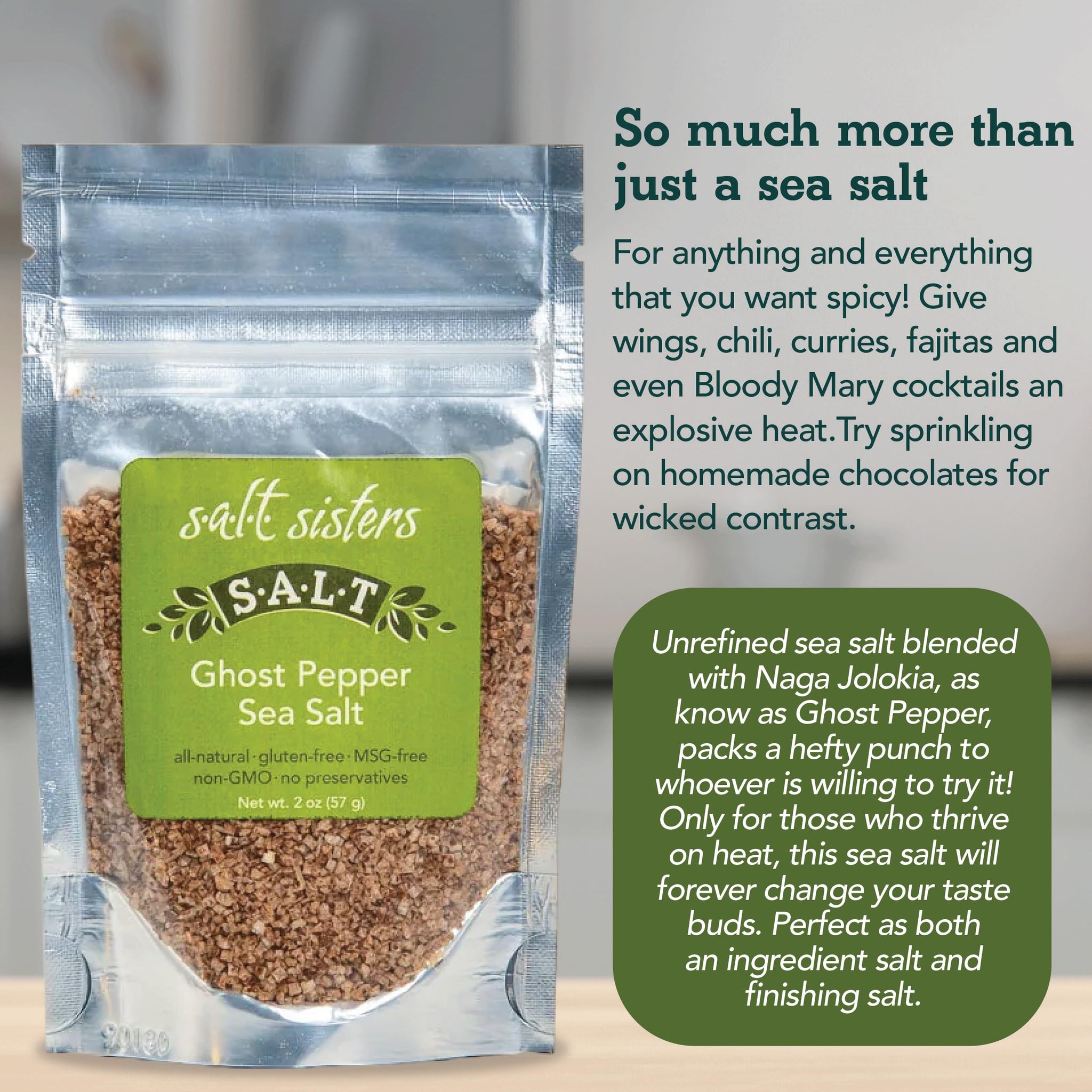 s.a.l.t. sisters Ghost Pepper Sea Salt | All-Natural, Gluten Free, MSG Free, Non-GMO | Easily Dissolvable Naga Jolokia Infused Coarse Sea Salt |
