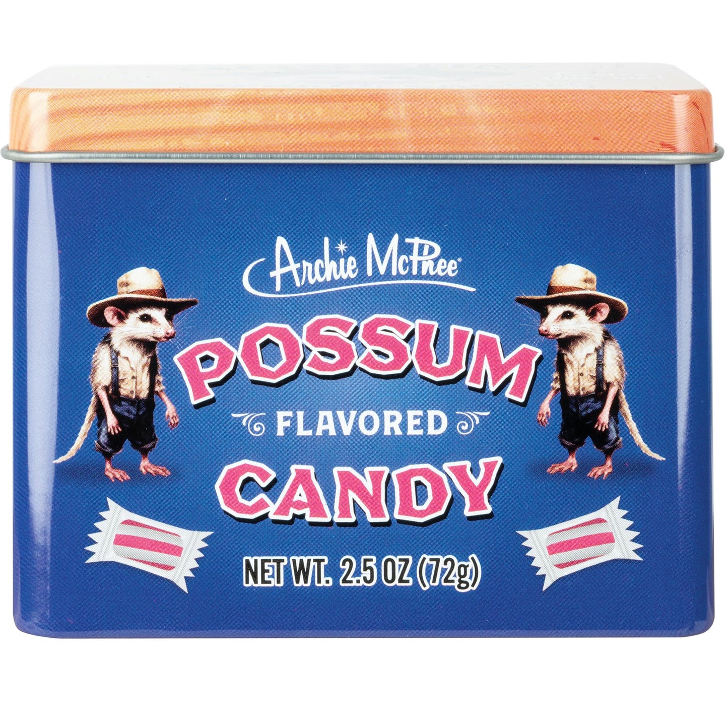 Archie McPhee Possum Flavored Hard Candy - 2.5 oz Tin, Individually Wrapped Pink and White Striped Candies, Tastes Like Possum, Novelty Gag Gift