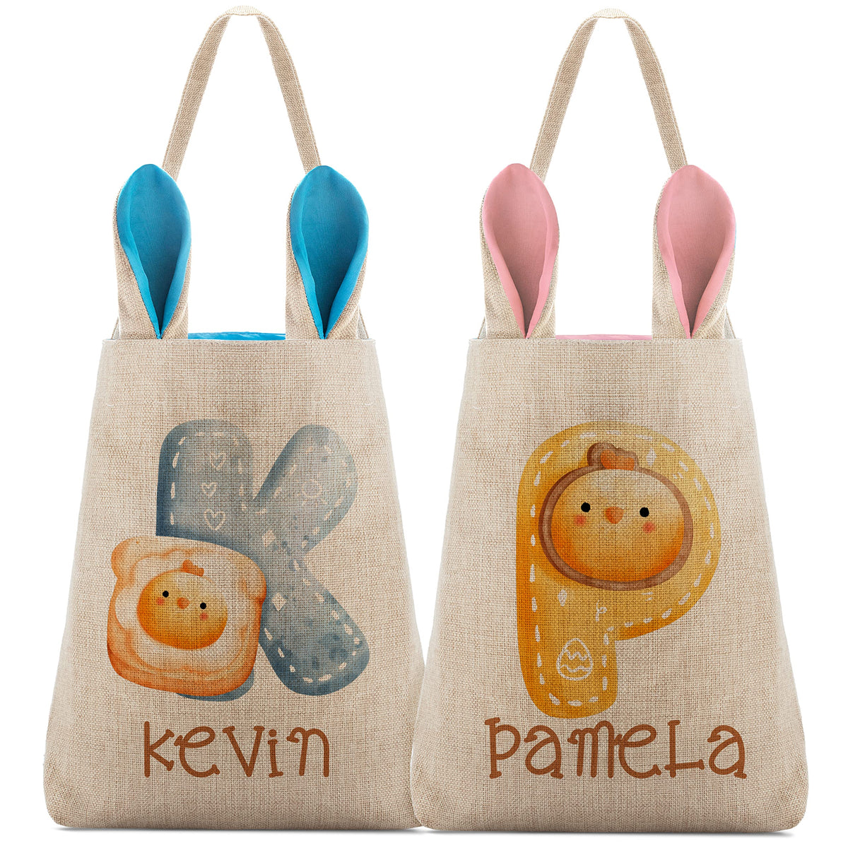 Set of 2, Personalized Easter Baskets for Boys & Girls w/Initail & Name, Pink or Blue Bunny Ears - Customize Tote Bag with Handle for Easter Eggs
