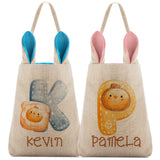 Set of 2, Personalized Easter Baskets for Boys & Girls w/Initail & Name, Pink or Blue Bunny Ears - Customize Tote Bag with Handle for Easter Eggs