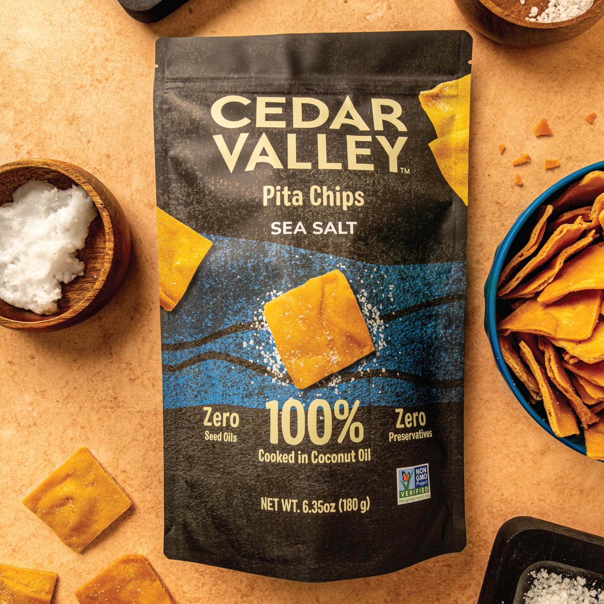 Cedar Valley Pita Chips Sea Salt | 180g (Pack of 6) | Seed Oil Free, Cooked in 100% Coconut Oil | Crisp, Golden & Flaky | No Preservatives, Non-GMO