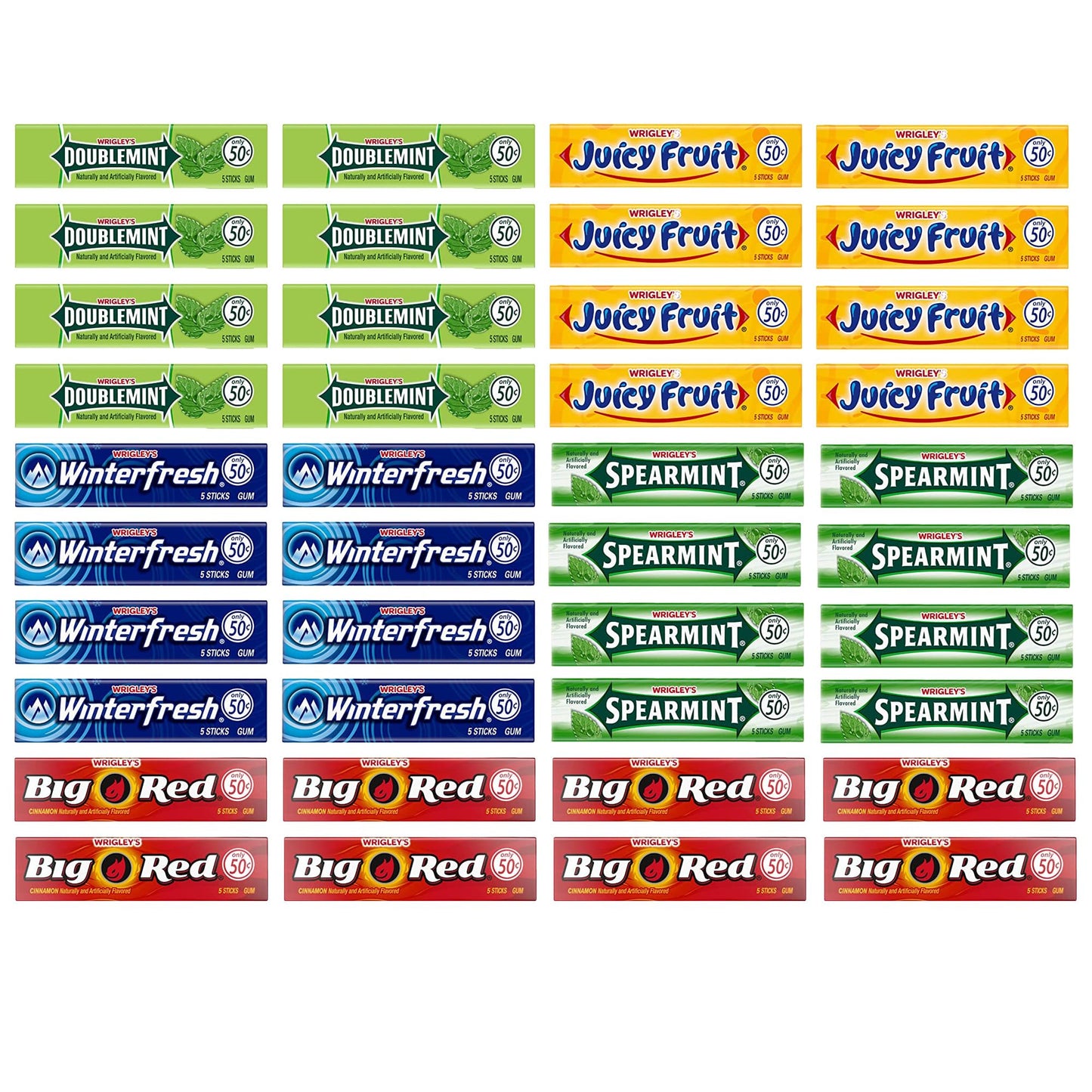 Bulk Bites Wrigley's Chewing Gum Assortment 40 Packs - 8 of Each (5 Flavors) Doublemint, Spearmint, Juicy Fruit, Big Red, Winterfresh Bulk