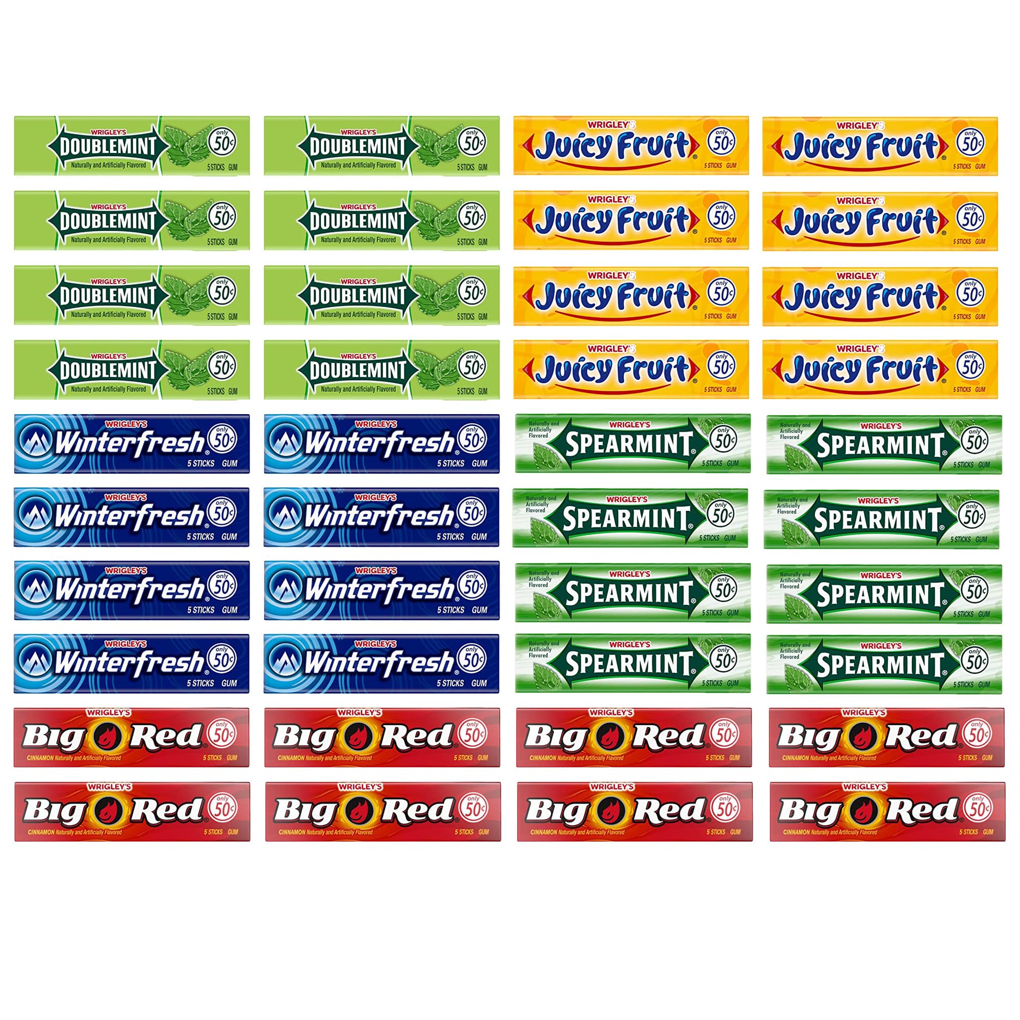 Bulk Bites Wrigley's Chewing Gum Assortment 40 Packs - 8 of Each (5 Flavors) Doublemint, Spearmint, Juicy Fruit, Big Red, Winterfresh Bulk