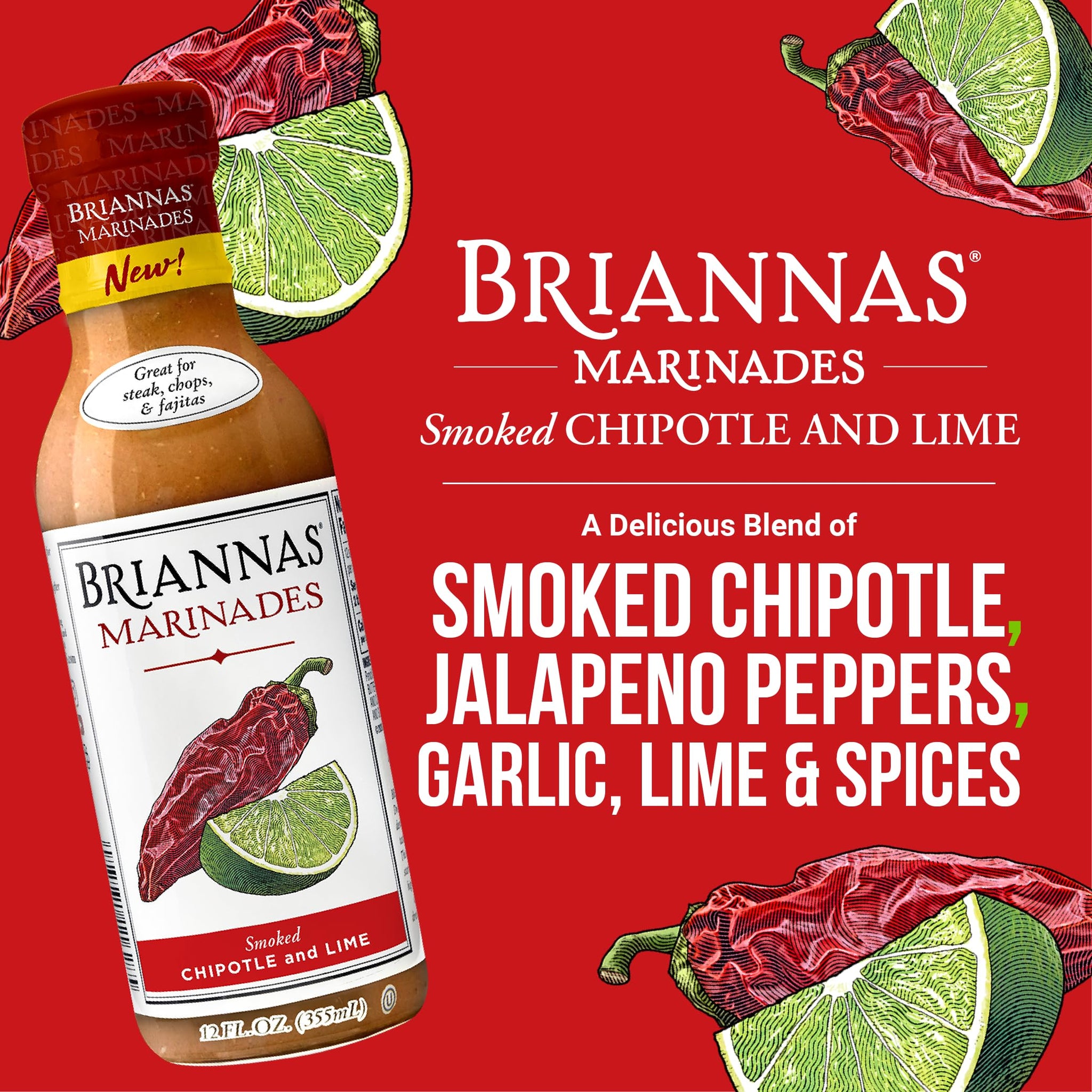 BRIANNAS - Smoked Chipotle and Lime Marinade - Small Batch, Gluten Free, Vegan Marinade made with Premium Ingredients - 12 oz. Bottle