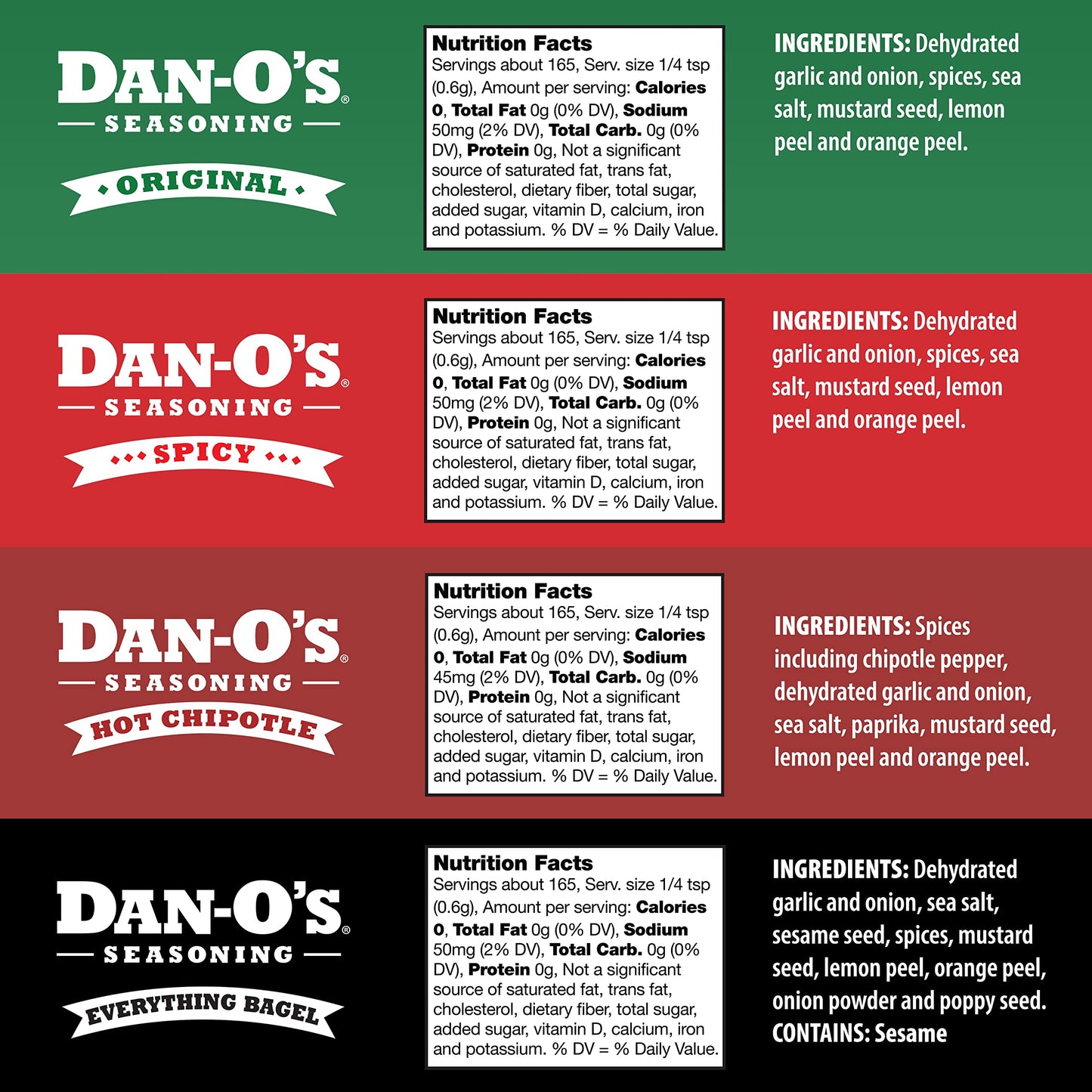 Dan-O's Seasoning Small 4 Bottle Combo | Original, Chipotle, Spicy, & Crunchy | 4 Pack (3.5 oz)