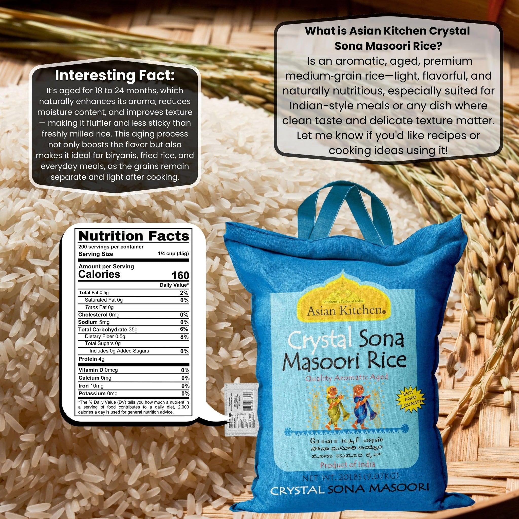 Asian Kitchen Crystal Sona Masoori Aged Rice 20-Pound Bag, 20lbs (9.08kg) Short Grain Rice ~ All Natural | Gluten Friendly | Vegan | Indian Origin |