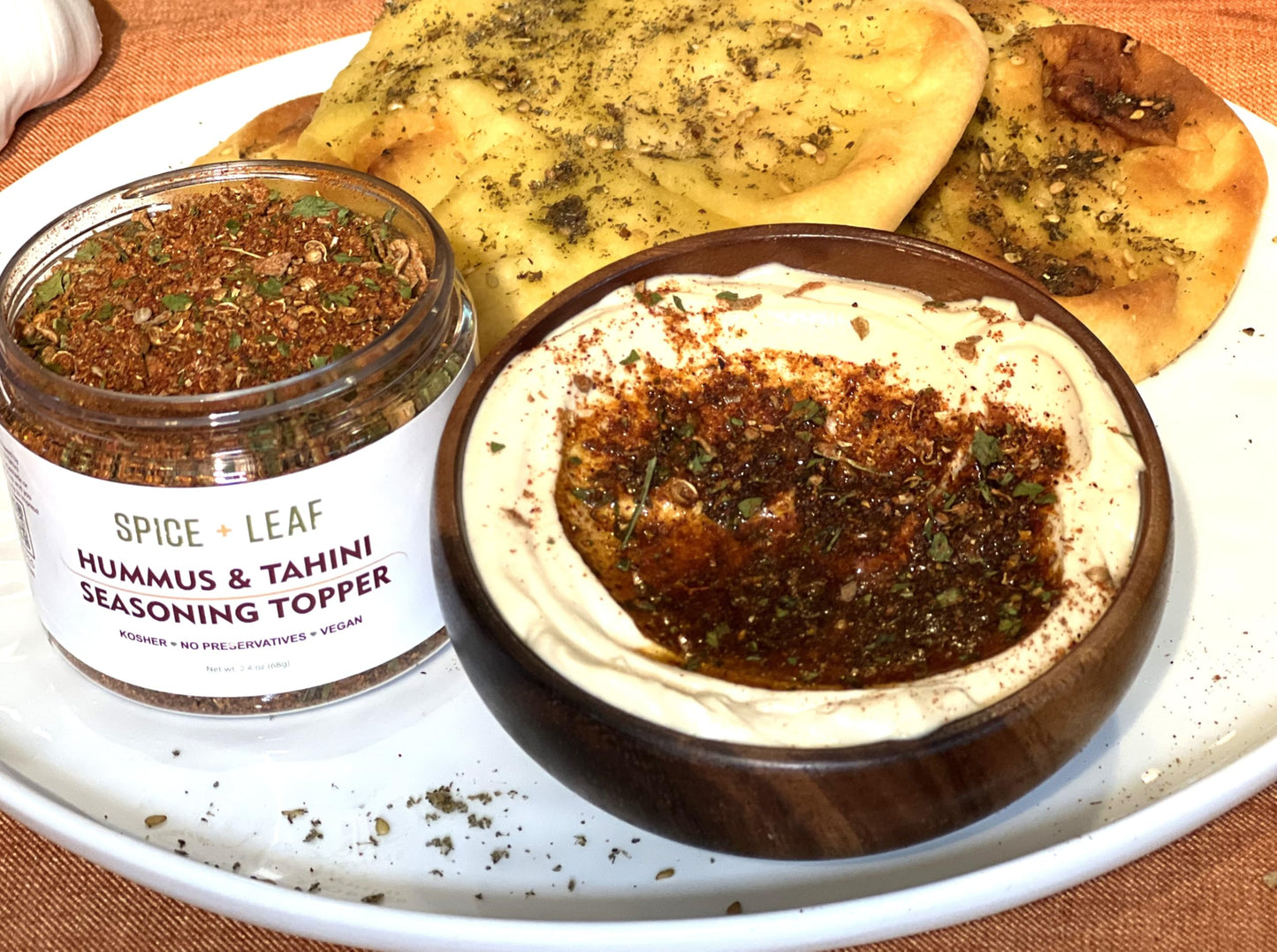 Premium Hummus & Tahini Seasoning Topper by SPICE + LEAF - Vegan Kosher Pesticide Free - Spice blend for Hummus, Tahini, Guacamole, Eggs, Salad, Fish