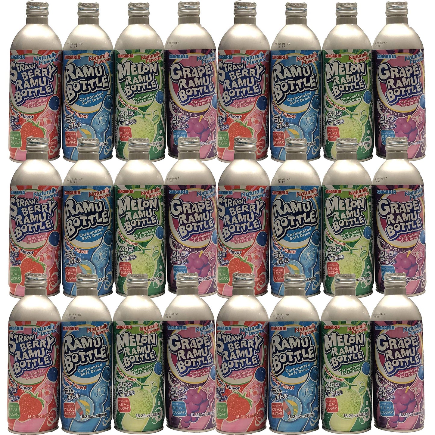 [JapanRare] SANGARIA RAMUNE MIX COMBO (ORIGINAL, MELON, GRAPE, STRAWBERRY) - 24 ALUMINUM BOTTLES, 16.2 FL OZ EACH