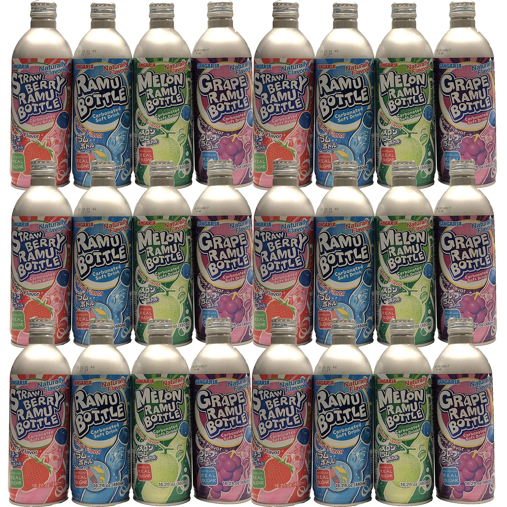 [JapanRare] SANGARIA RAMUNE MIX COMBO (ORIGINAL, MELON, GRAPE, STRAWBERRY) - 24 ALUMINUM BOTTLES, 16.2 FL OZ EACH