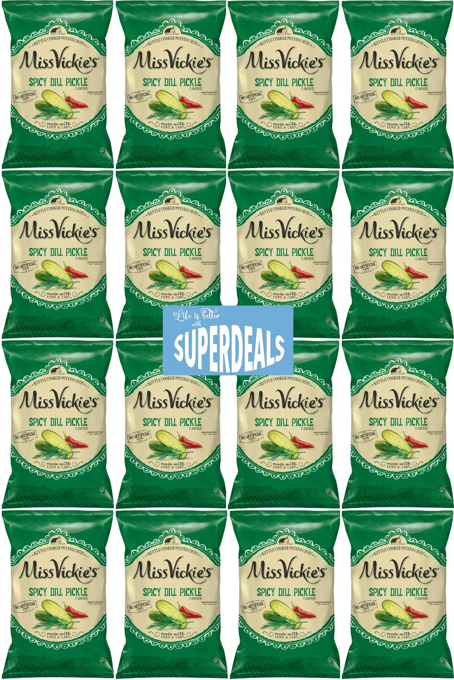 Kettle Cooked Potato Chips by Miss Vickie's Value Pack Bundled by SUPERDEALS | 1.375 Oz Bag | Spicy Dill Pickle | Pack of 16 with mystery bonus gift