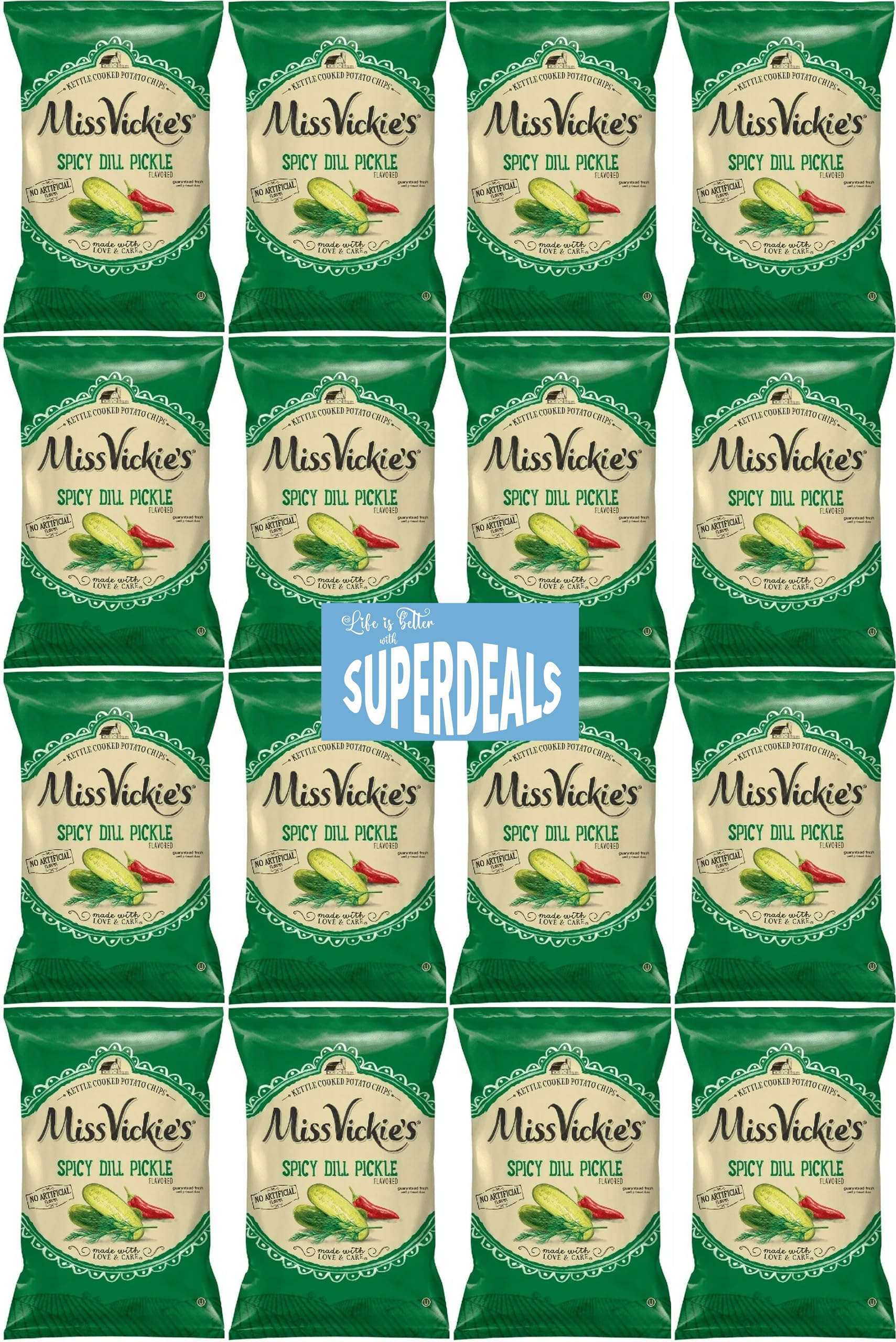 Kettle Cooked Potato Chips by Miss Vickie's Value Pack Bundled by SUPERDEALS | 1.375 Oz Bag | Spicy Dill Pickle | Pack of 16 with mystery bonus gift