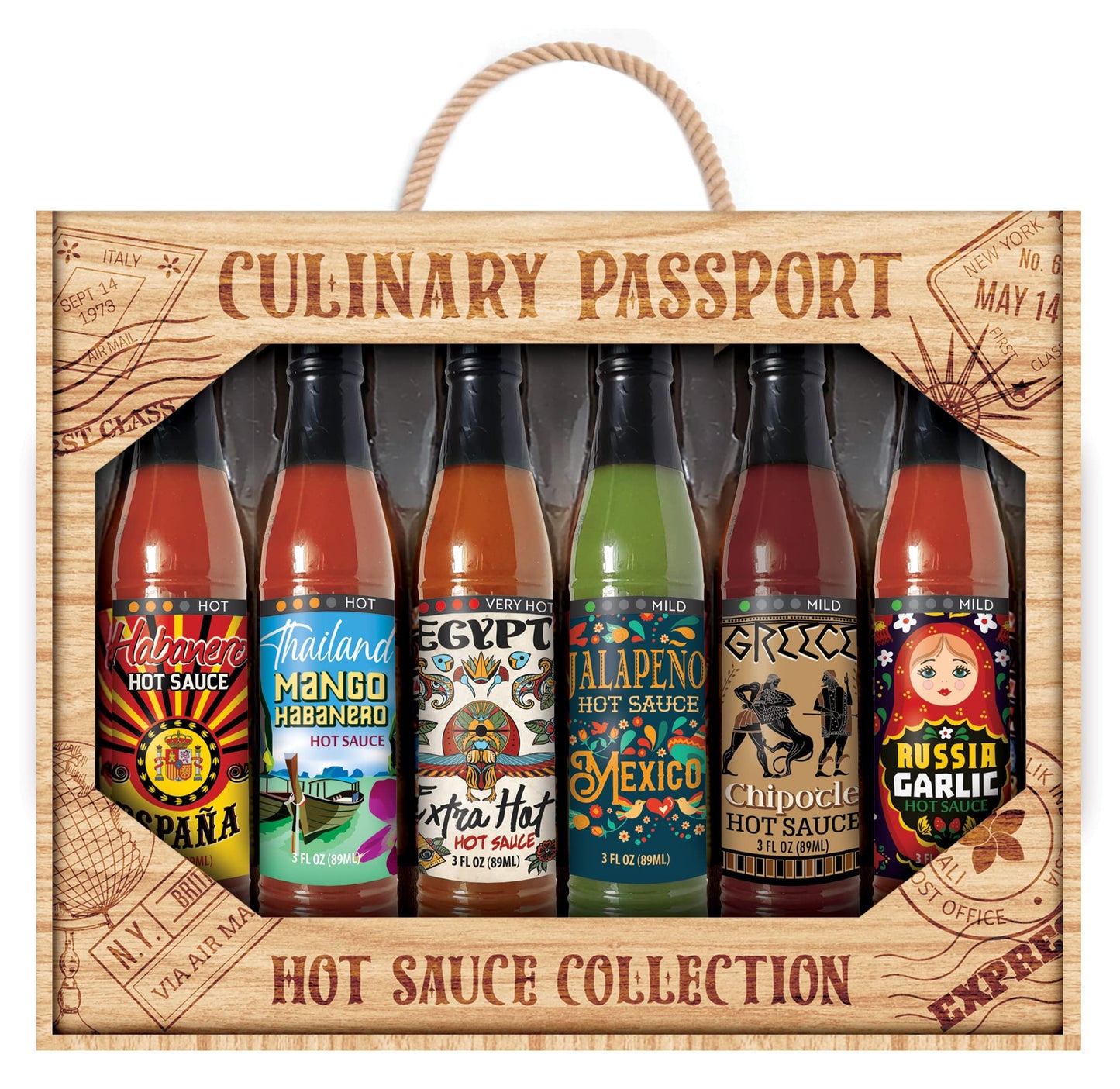 Culinary Passport 6 ct Wooden Crate Hot Sauce Collection, 18 fl oz - Great gift idea for Father's Day or Birthdays for a Hot Sauce Lover