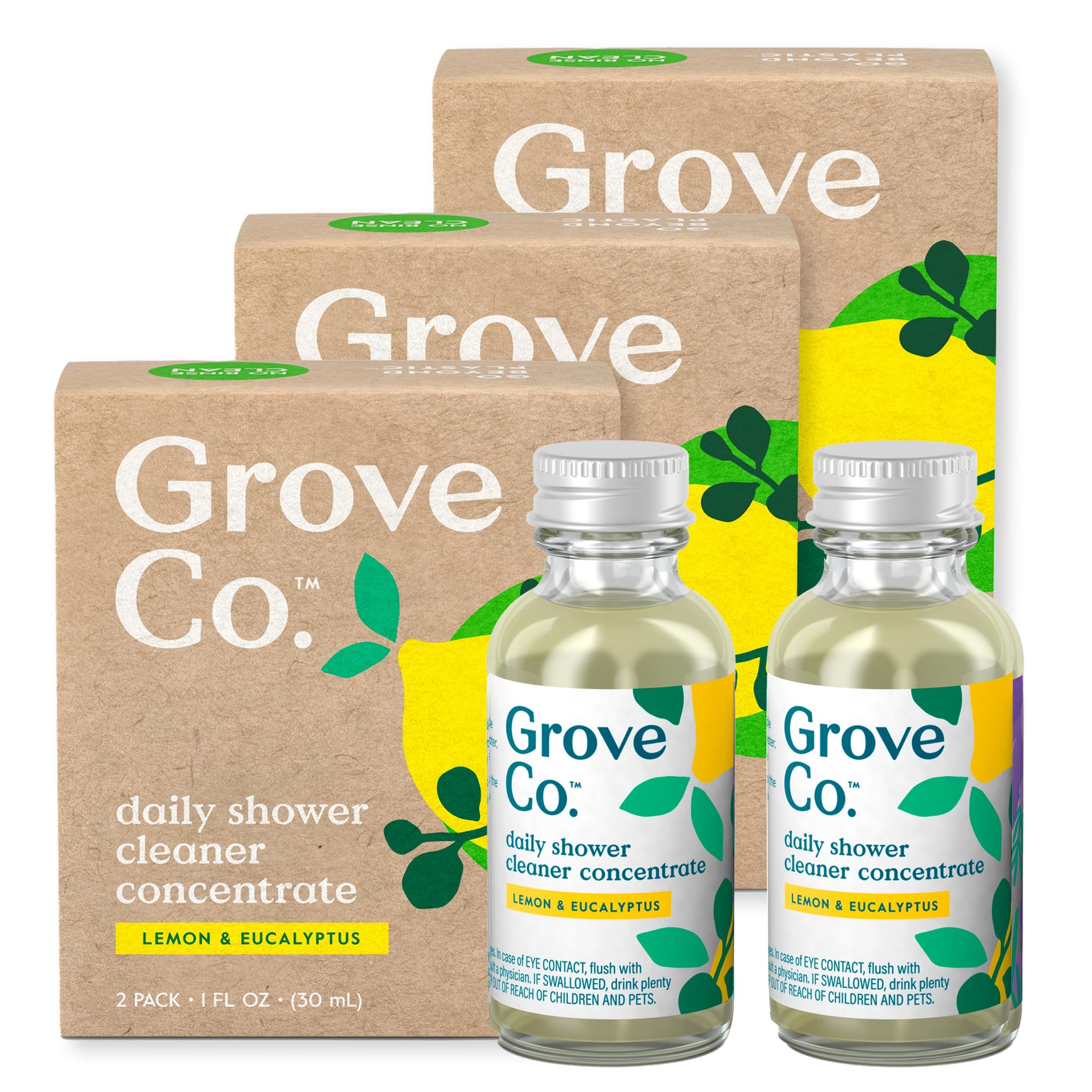 Grove Co. Daily Shower Cleaner Refill Concentrate (6 x 1 Fl Oz), Creates 16 Oz Cleaner, Removes Soap Scum, Scrub-Free, Plant-Based Household Cleaning