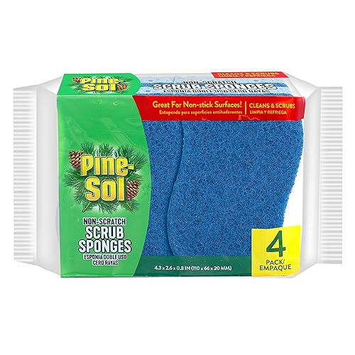 Pine-Sol Non Scratch Scrub Sponges - Double Sided Dish Scrubber Safe for Nonstick Cookware - Kitchen Essentials for Dishwashing and Cleaning, 4 Pack