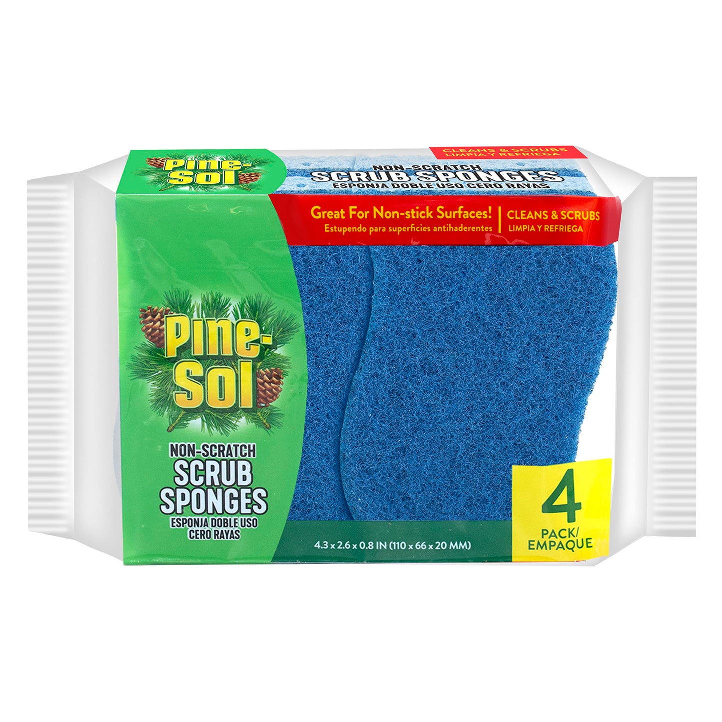Pine-Sol Non Scratch Scrub Sponges - Double Sided Dish Scrubber Safe for Nonstick Cookware - Kitchen Essentials for Dishwashing and Cleaning, 4 Pack