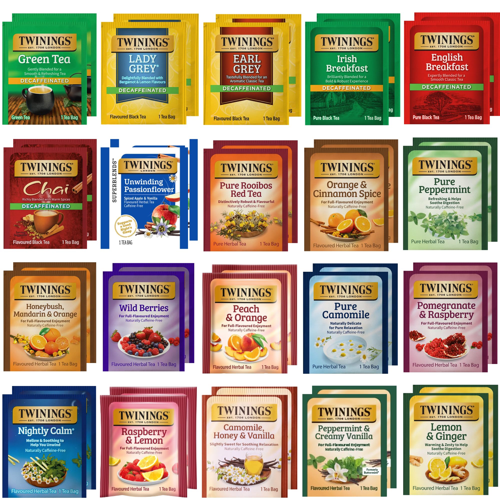 Twinings Herbal & Decaf Tea Variety Pack - Decaf Tea Sampler - Individually Wrapped Herbal Tea Bags, Green Decaf, Lady Grey Decaf, Earl Grey Decaf